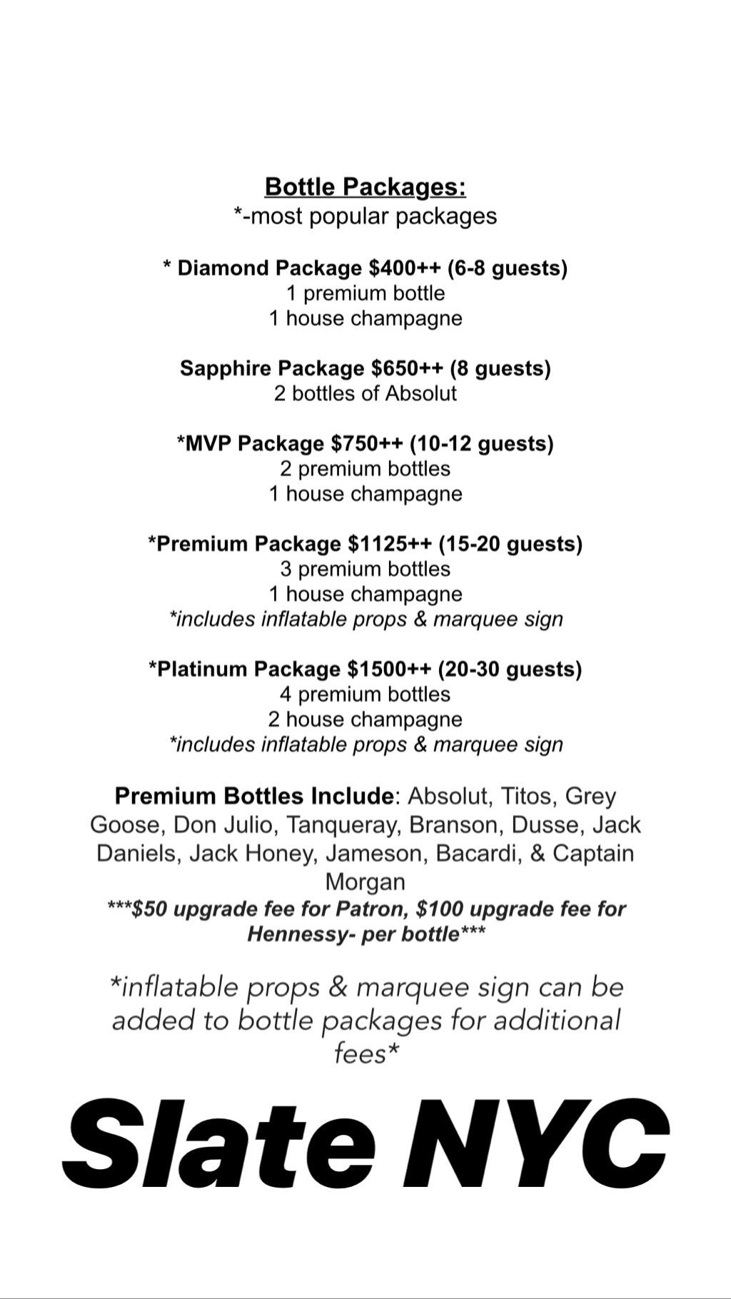 Slate Bottle Packages Birthday Bottle Service